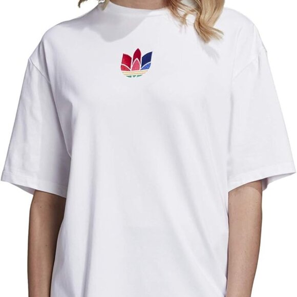 ADIDAS Women's White Tee with Colorful Trefoil Relaxed Fit Small Sporty Rainbow - Picture 1 of 9